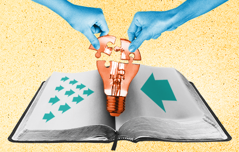 Two hands fit together a light bulb inside an open book with arrows on the page pointing towards the lightbulb 