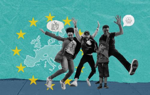 3 adults and 1 child in the middle of the scene, the adults jumping up an raising their hands while doing so. The child is raising one empowered hand. In the background on the wall (yade green), there is an EU Map and the EU stars in yellow. some conversation bubbles highlight health care and climate as issues. 