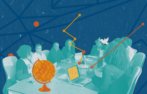 A group of 8 people sitting at the table. There is a globe on the table with 1s and 0s as well as some laptops. There is a peace pigeon also on the shoulder of a person. 