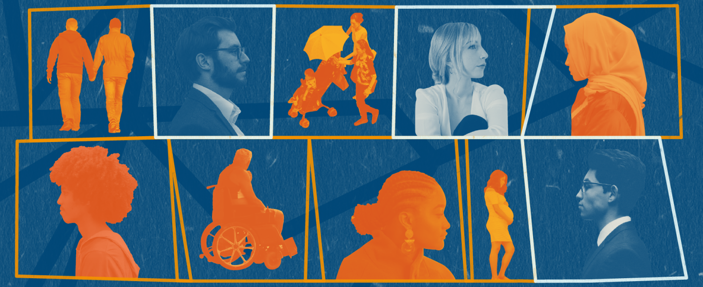 10 different boxes with people in them. The first one portrays 2 men holding hand. The second one one man in glasses turning right. The 3rd one 2 women carrying a baby in a baby carriage. 4th a blond woman turning right. 5th a woman with handscarf turning left. 6th a woman of colour. 7th a person on wheelchair. 8th a woman of colour. 9th a pregnant woman and 10th a man in glasses. People of disadvantaged groups are coloured orange, the rest in blue. Dark blue background. 