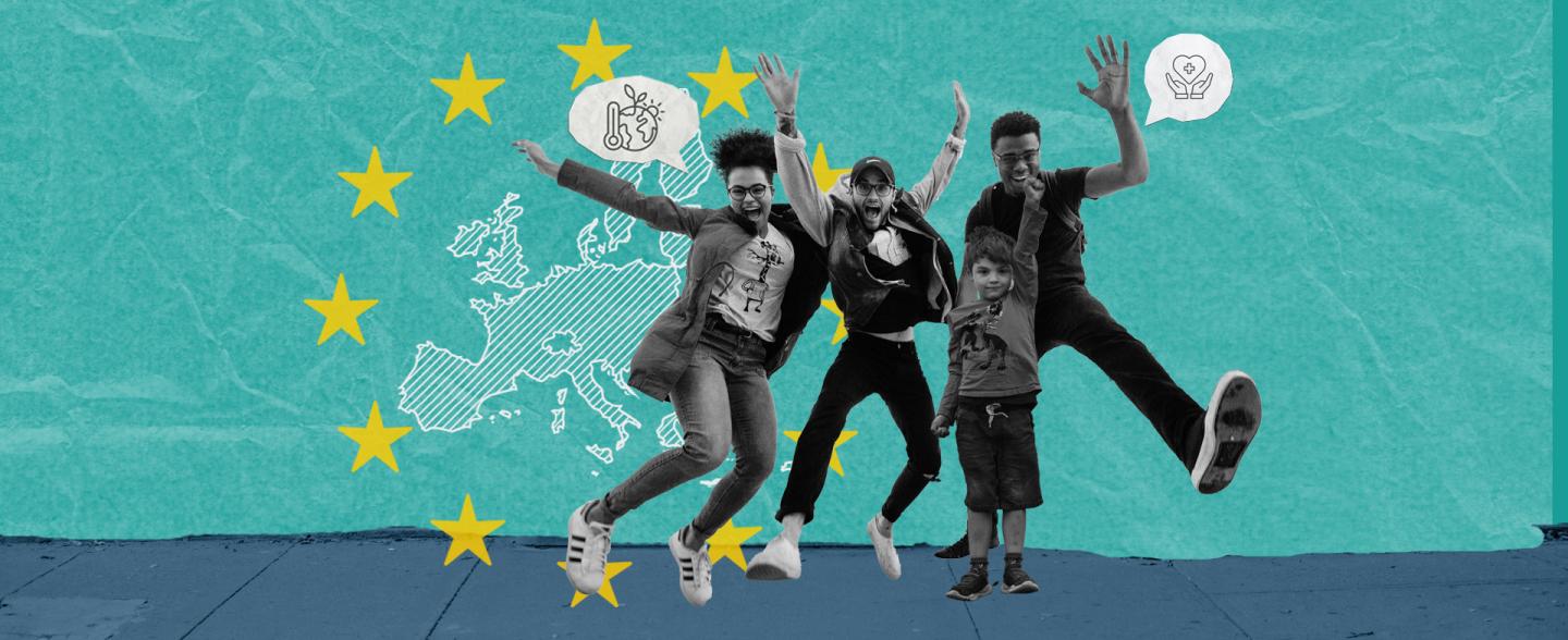 3 adults and 1 child in the middle of the scene, the adults jumping up an raising their hands while doing so. The child is raising one empowered hand. In the background on the wall (yade green), there is an EU Map and the EU stars in yellow. some conversation bubbles highlight health care and climate as issues. 
