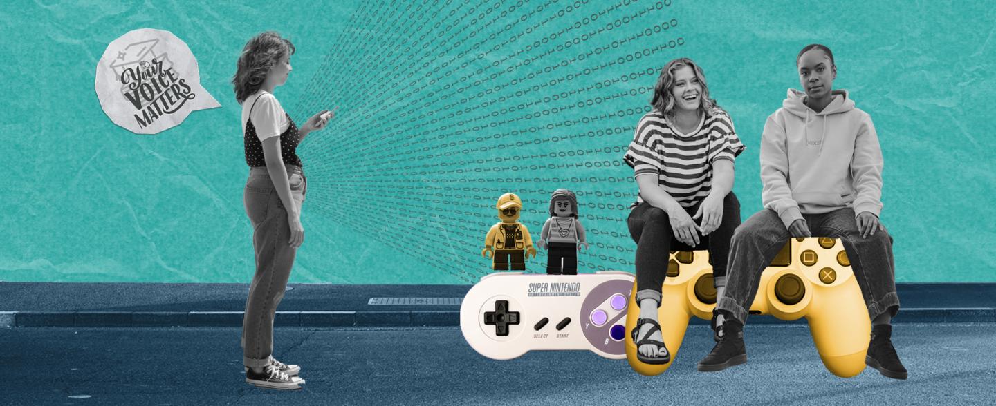 3 women, 2 sitting on game console, next to them another game console on which 2 lego figures are visible. On the left a woman using the phone with a speech bubble "Your voice matters"