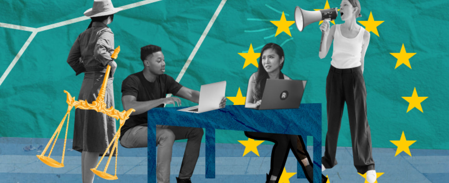 4 Characters, one from behind holding a golden scale. 2 are sitting at a table, both on the laptop. On the right there is a woman with a loudspeaker talking into it. in the background EU Stars