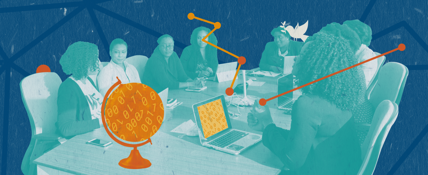 A group of 8 people sitting at the table. There is a globe on the table with 1s and 0s as well as some laptops. There is a peace pigeon also on the shoulder of a person. 