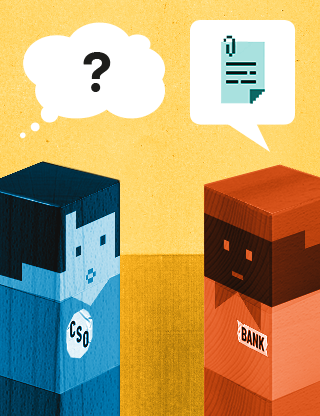 Block figures representing civil society and bank face and do not understand each other. In speech bubble there are question marks and files and folders.