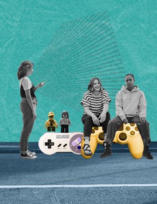 3 women, 2 sitting on game console, next to them another game console on which 2 lego figures are visible. On the left a woman using the phone with a speech bubble "Your voice matters"