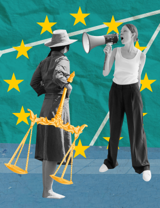 4 Characters, one from behind holding a golden scale. 2 are sitting at a table, both on the laptop. On the right there is a woman with a loudspeaker talking into it. in the background EU Stars