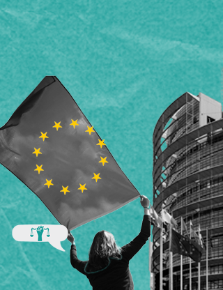 EU Building in the background in black and white. In front of it there is a person holding an EU Flag and there is a speech bubble having a (power) fist and a legal scale. 