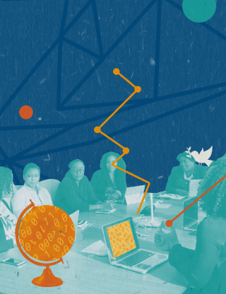 A group of 8 people sitting at the table. There is a globe on the table with 1s and 0s as well as some laptops. There is a peace pigeon also on the shoulder of a person. 