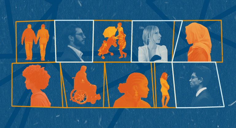 10 different boxes with people in them. The first one portrays 2 men holding hand. The second one one man in glasses turning right. The 3rd one 2 women carrying a baby in a baby carriage. 4th a blond woman turning right. 5th a woman with handscarf turning left. 6th a woman of colour. 7th a person on wheelchair. 8th a woman of colour. 9th a pregnant woman and 10th a man in glasses. People of disadvantaged groups are coloured orange, the rest in blue. Dark blue background. 