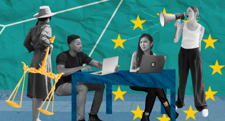 4 Characters, one from behind holding a golden scale. 2 are sitting at a table, both on the laptop. On the right there is a woman with a loudspeaker talking into it. in the background EU Stars