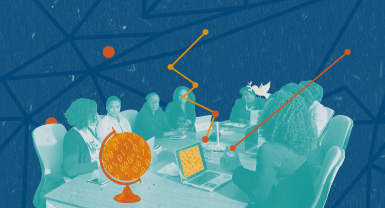 A group of 8 people sitting at the table. There is a globe on the table with 1s and 0s as well as some laptops. There is a peace pigeon also on the shoulder of a person. 