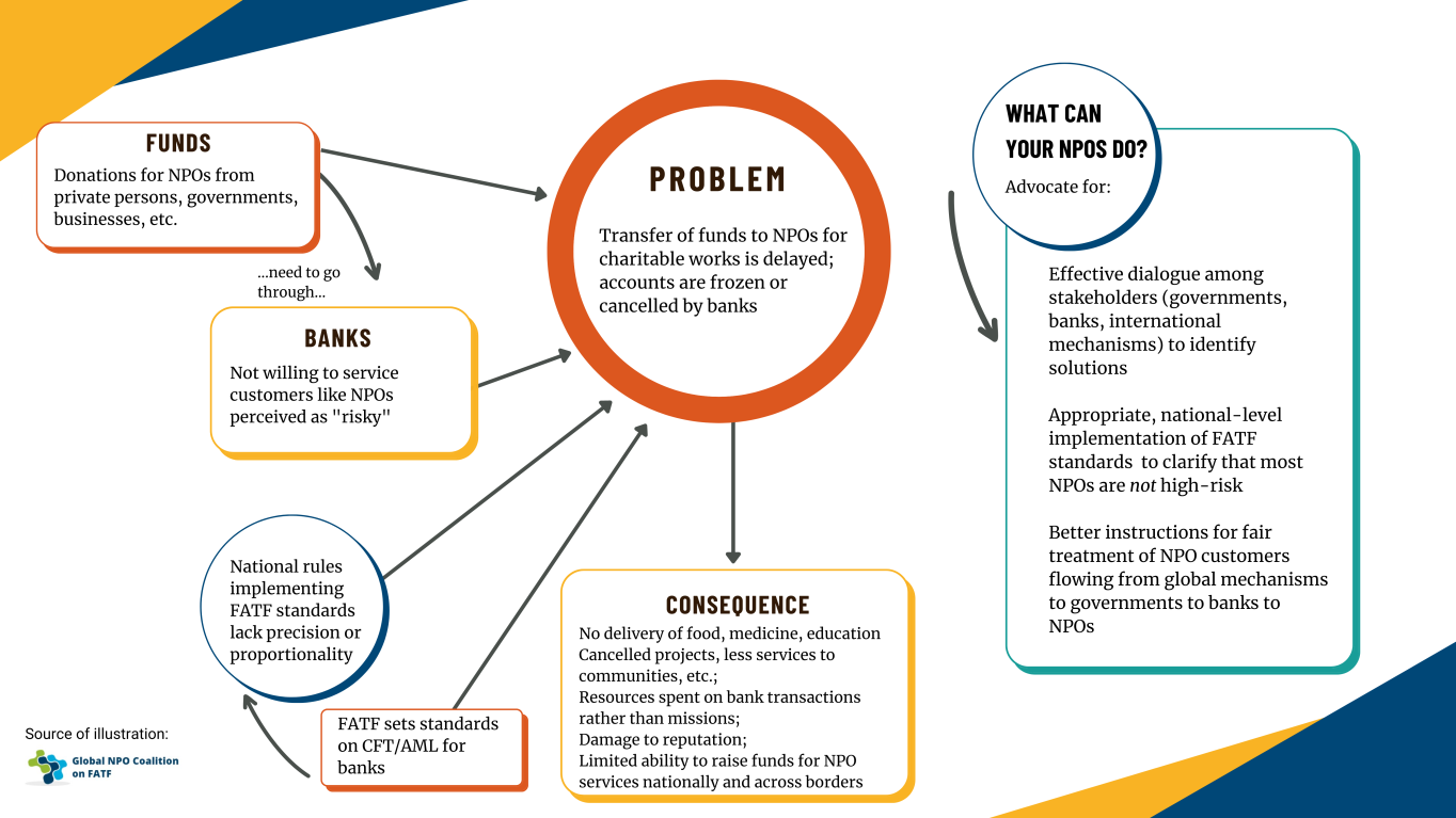 Derisking Illustration highlighting the problem and steps NPOs can do to advocate a better system. 